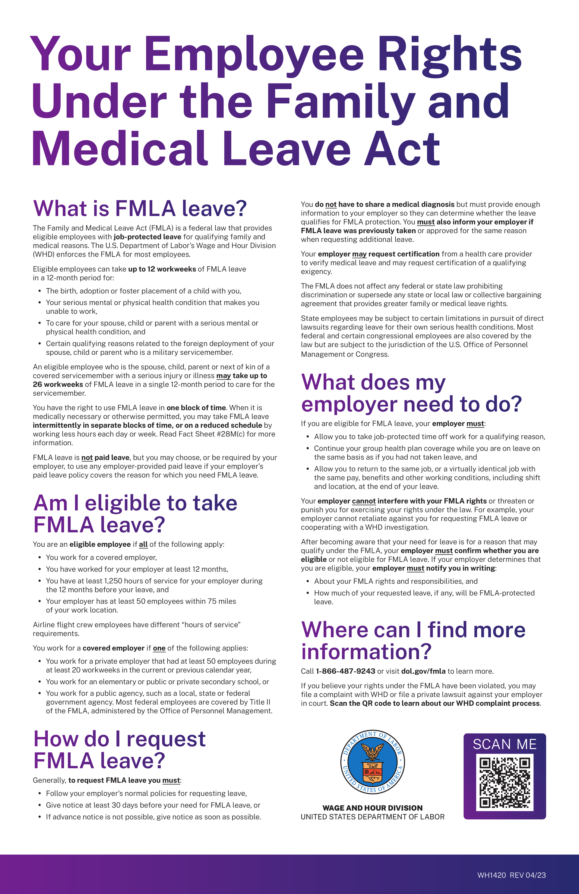 Poster about employee rights under the Family and Medical Leave Act, with questions and answers.
