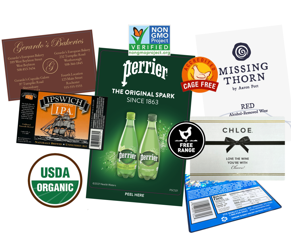 Assorted food packaging labels and logos, including USDA Organic and Perigon sparkling water cans.