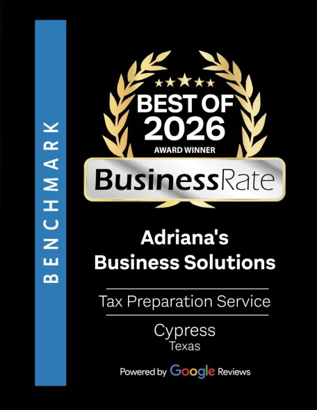 Best of 2026 BusinessRate benchmark badge for Adriana's Business Solutions in Cypress, Texas