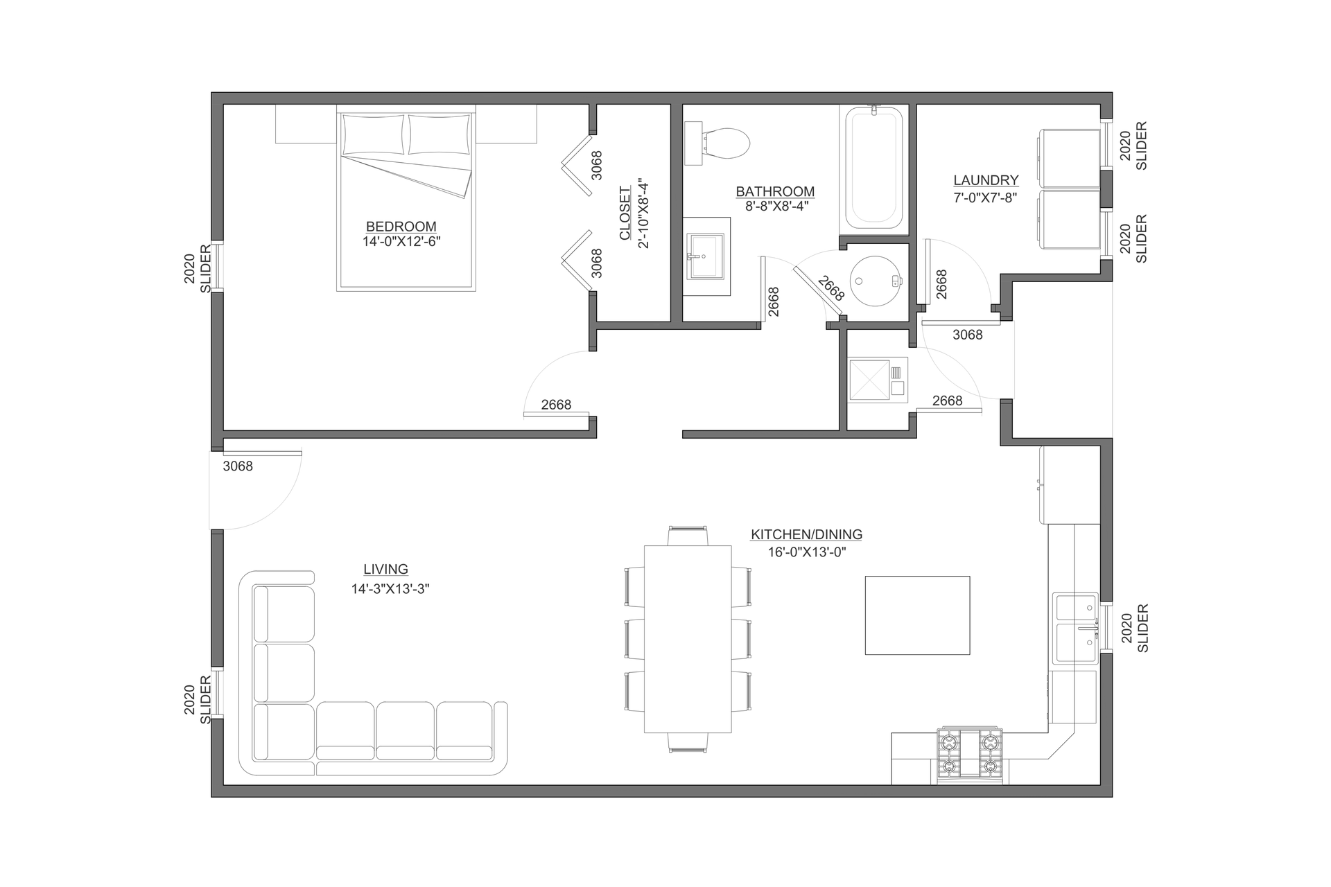Black-and-white architectural floor plan with labeled rooms and doorways