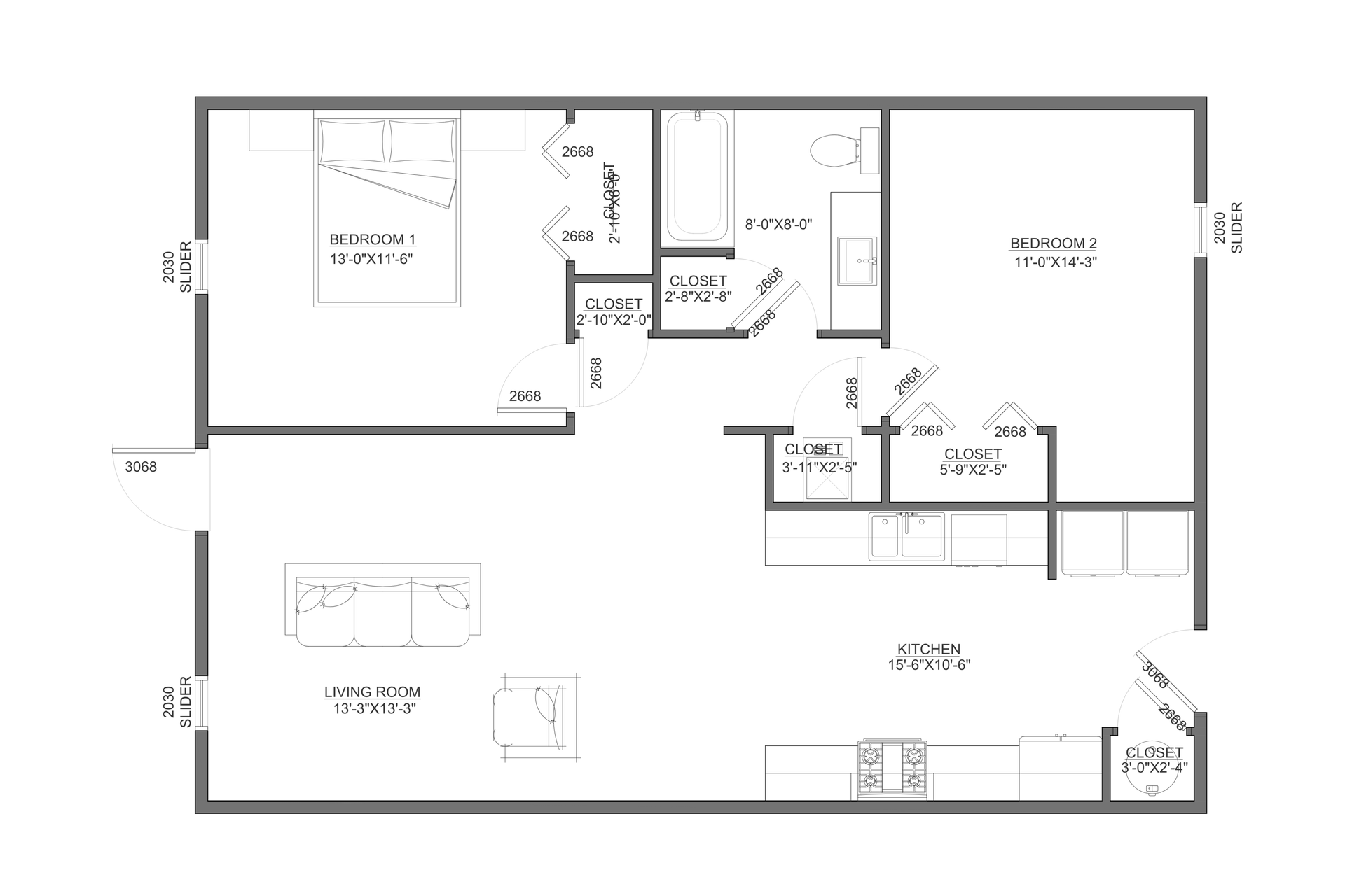 Black-and-white house floor plan with labeled rooms, doors, and furniture layout.