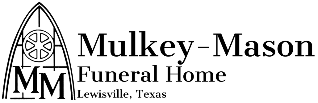 Logo for Mulkey-Mason Funeral Home in Lewisville, Texas, featuring a gothic arched window icon and the initials MM.