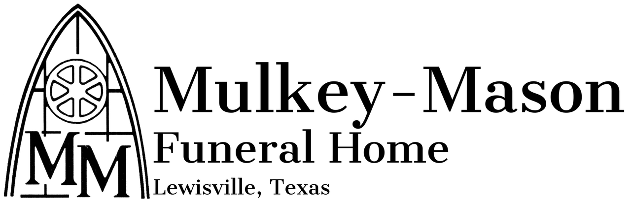Logo for Mulkey-Mason Funeral Home in Lewisville, Texas, featuring a gothic arched window icon and the initials MM.