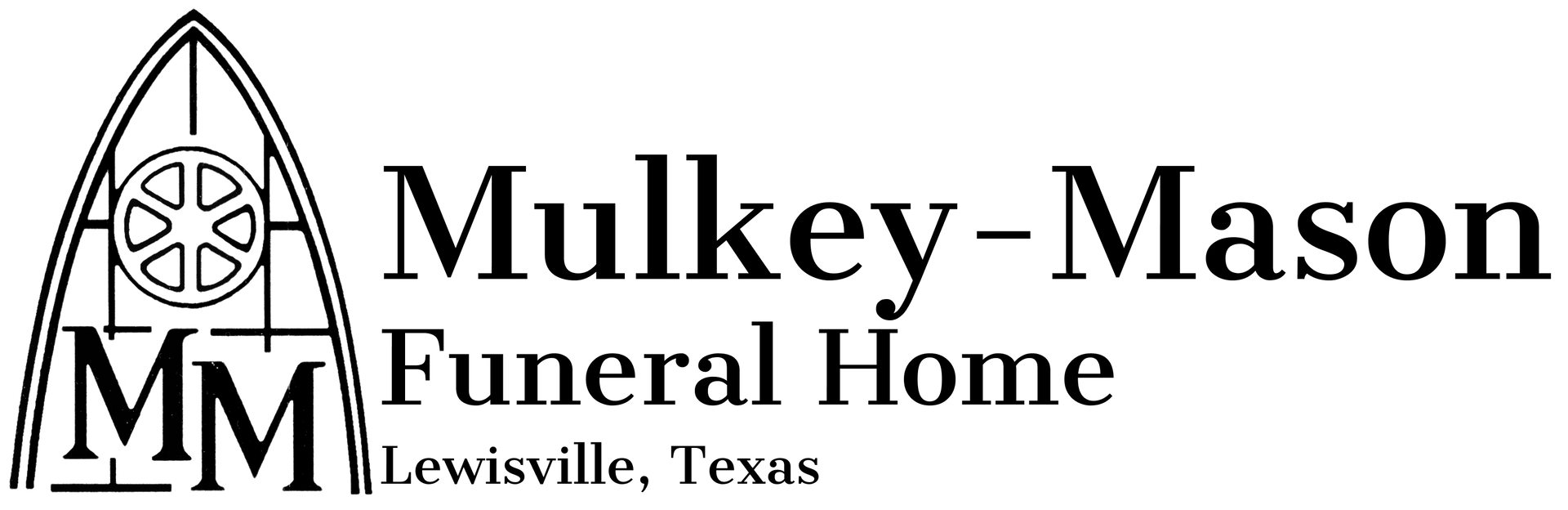 Logo for Mulkey-Mason Funeral Home in Lewisville, Texas, featuring a gothic arched window icon and the initials MM.