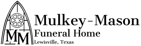 Logo for Mulkey-Mason Funeral Home in Lewisville, Texas, featuring a gothic arched window icon and the initials MM.