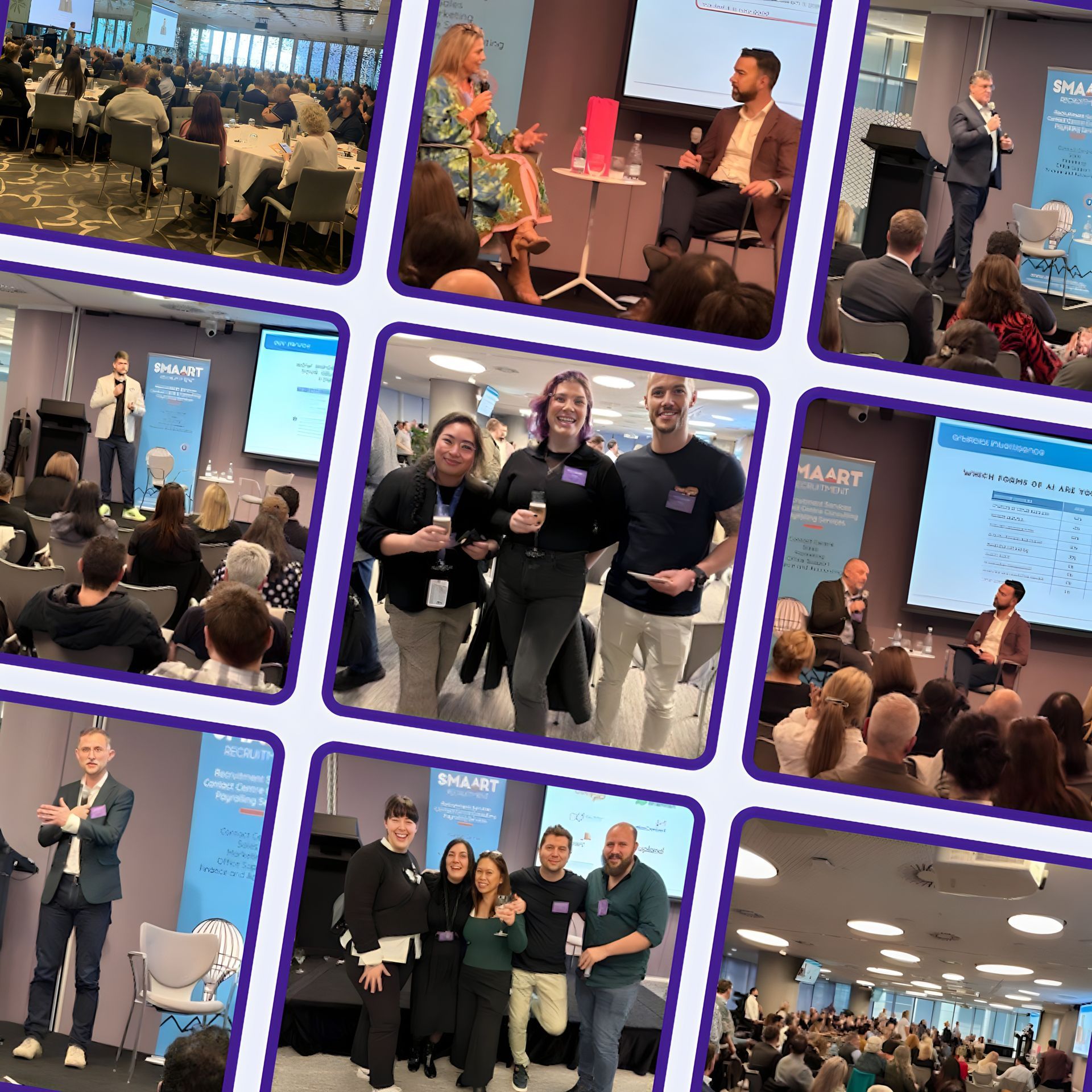 A collage of photos of people at a conference