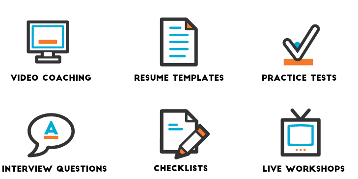 A set of icons for video coaching , resume templates , practice tests , interview questions , checklists and live workshops.