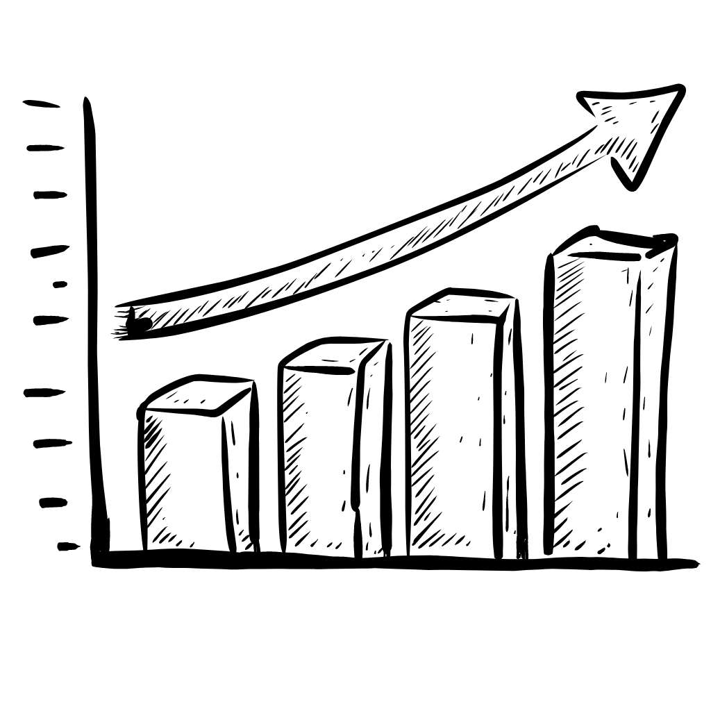 A black and white drawing of a graph with an arrow pointing up.