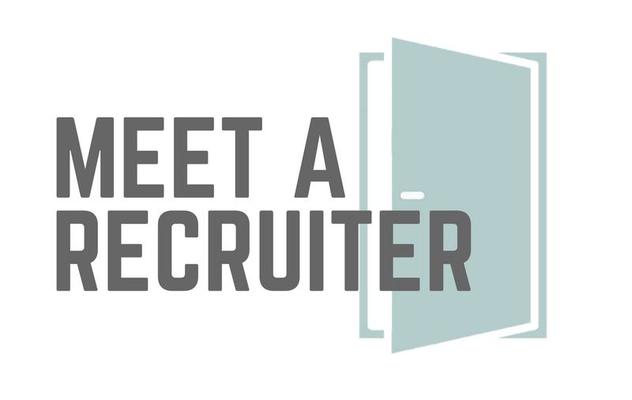 A logo that says `` meet a recruiter '' with a door in the background.