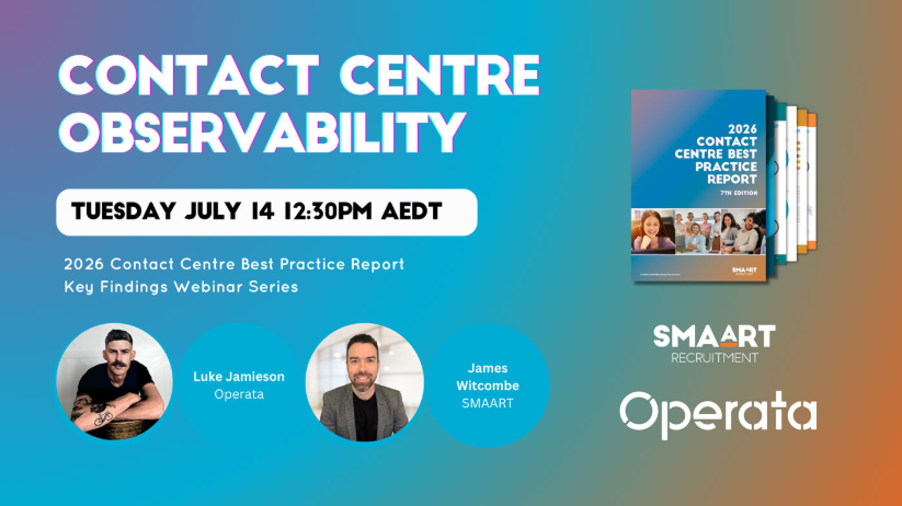 Contact centre observability webinar banner with presenters, blue-orange gradient, and Smaart Operata logos