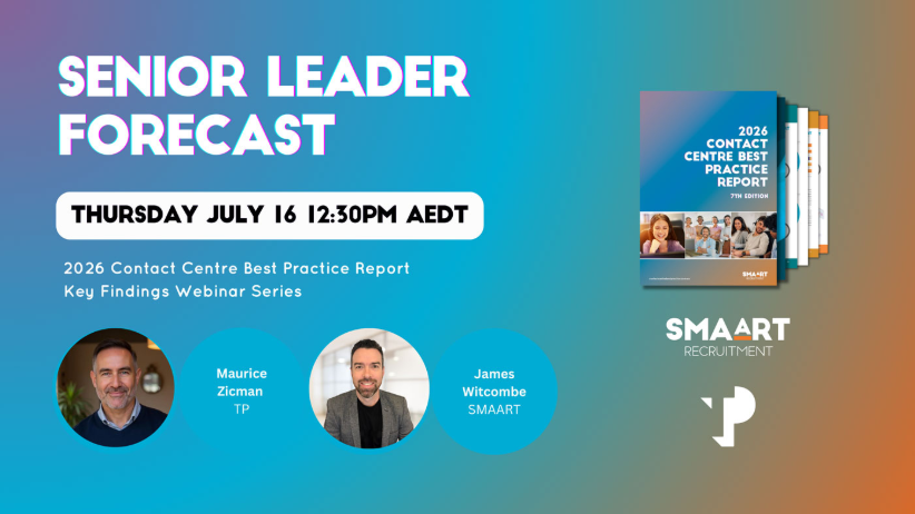 Senior Leader Forecast webinar promo with teal-orange background, speakers, and Smart Health logo on right.