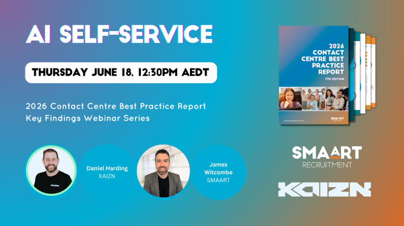 AI self-service webinar promo with three speaker headshots and Smart Communications logo on blue background