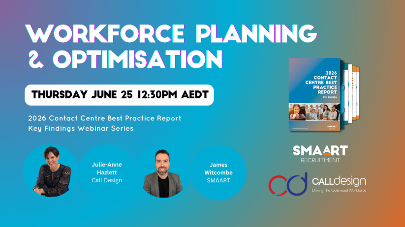 Workforce planning webinar poster on blue-to-orange gradient with speakers, date, time, and Calldesign/SMAART logos