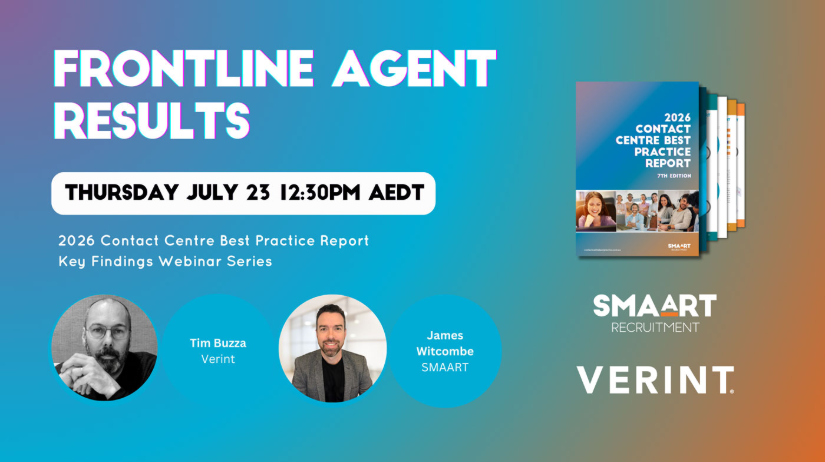 Promotional webinar banner with blue-orange gradient, “Frontline Agent Results,” date, speakers, and Smaart/Verint logos