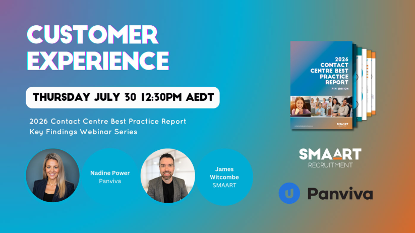 Blue and orange webinar promo for customer experience, with speakers' headshots, date, and Panviva logo