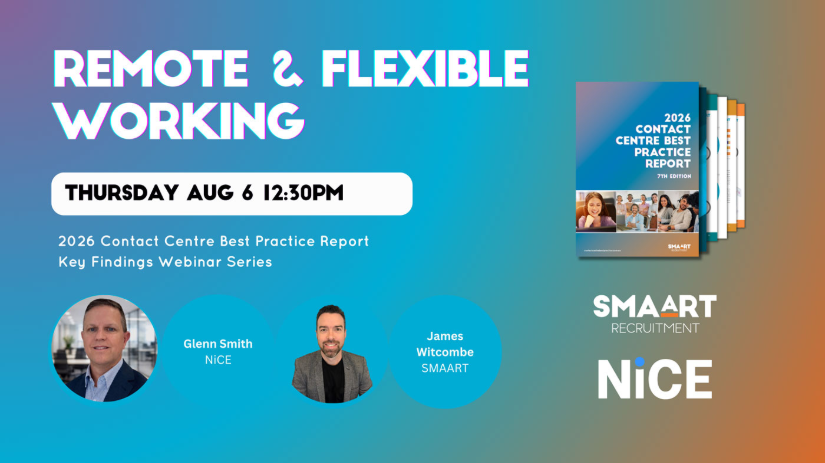 Remote & Flexible Working webinar poster on blue-orange gradient with speakers, Thursday Aug 6, 12:30pm