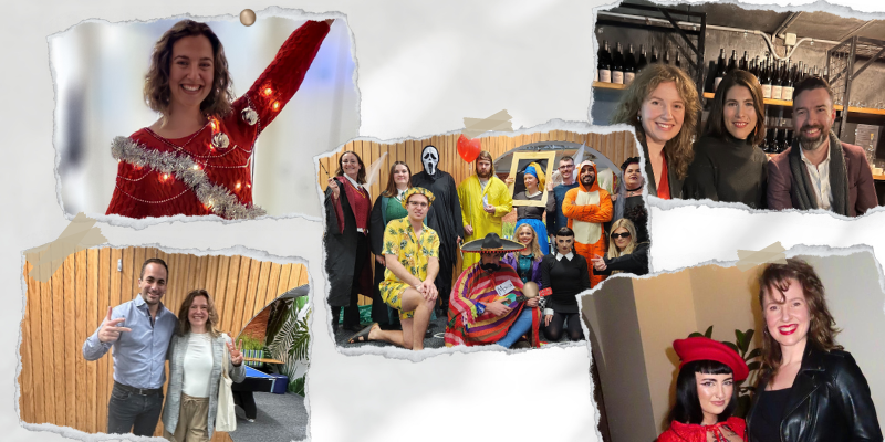 A group of people are standing next to each other in a collage of pictures.