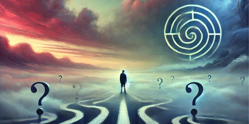 A man is standing on a road surrounded by question marks and a maze.