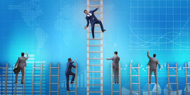 A group of businessmen are climbing ladders.