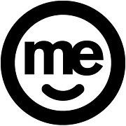 A black and white logo with the word me and a smiling face in a circle.