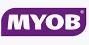 A purple and white logo for myob on a white background.