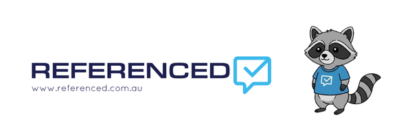 Referenced.com logo with blue text and checkmark, plus a cartoon raccoon mascot in a blue shirt