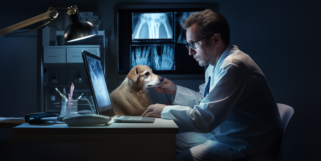Un uomo esamina la bocca di un cane seduto a una scrivania, mentre le immagini a raggi X brillano su un monitor in una clinica in penombra.