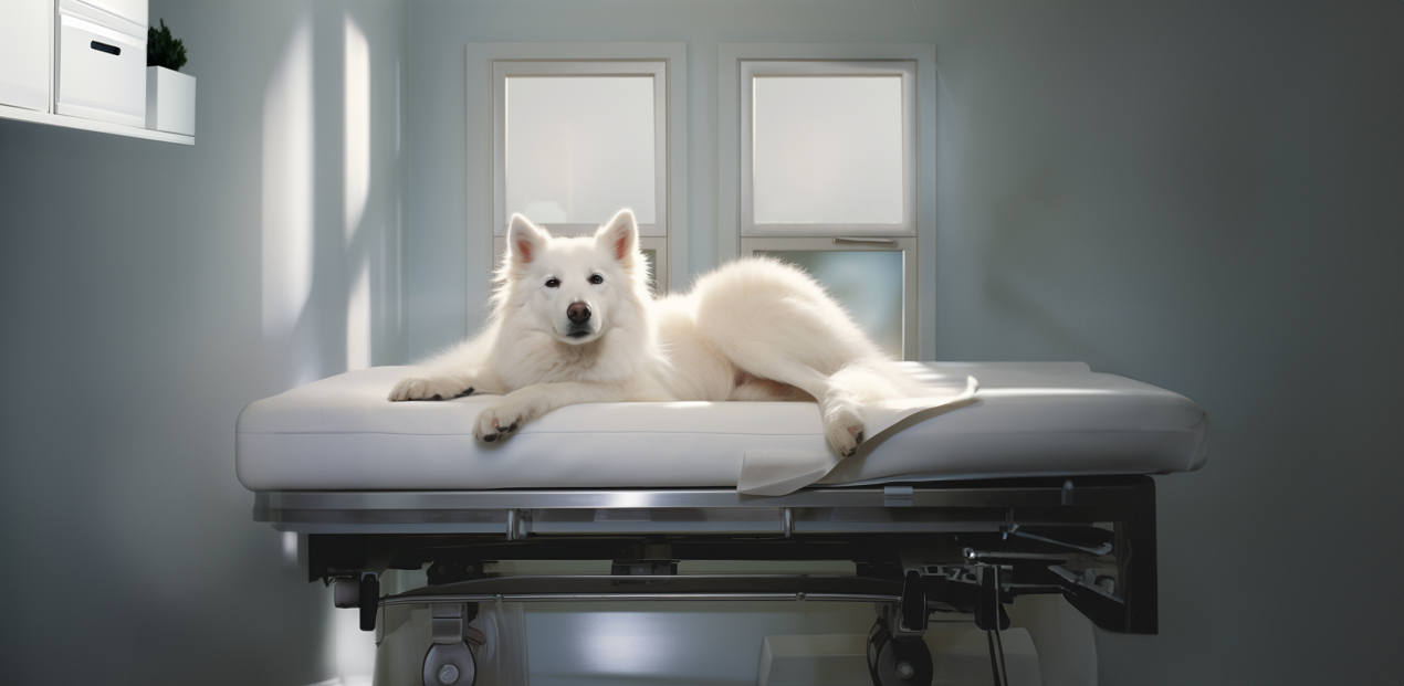 Un cane bianco sdraiato su un lettino da visita in una luminosa stanza di una clinica veterinaria.