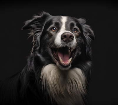 Cane bianco e nero con pelo soffice, bocca aperta in un respiro affannoso e felice su uno sfondo scuro.