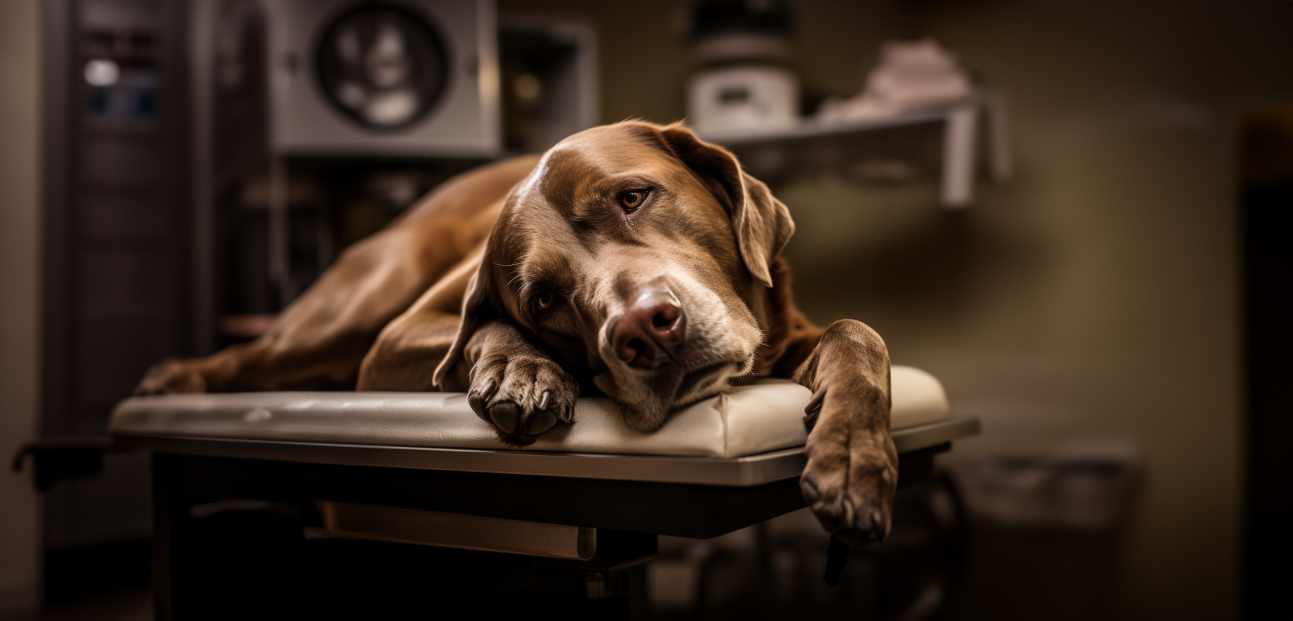 Un cane marrone dorme su un tavolo da visita veterinaria in una stanza della clinica illuminata da una luce soffusa.
