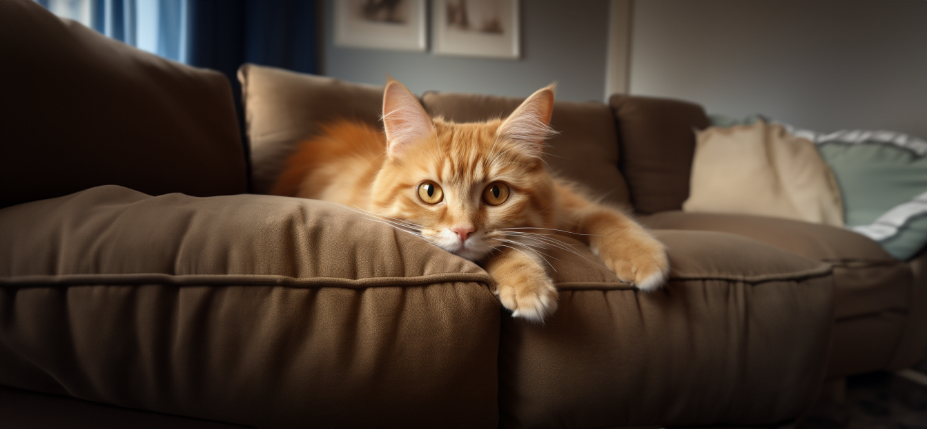 Un gatto arancione sdraiato su un divano marrone, che guarda la telecamera con una zampa appoggiata sul cuscino.