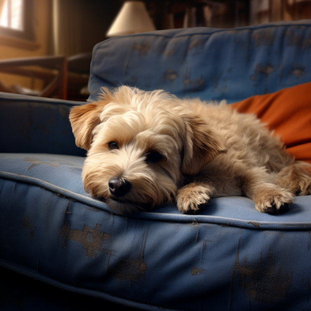 Un cagnolino color beige sonnecchia su un divano blu in una stanza accogliente.