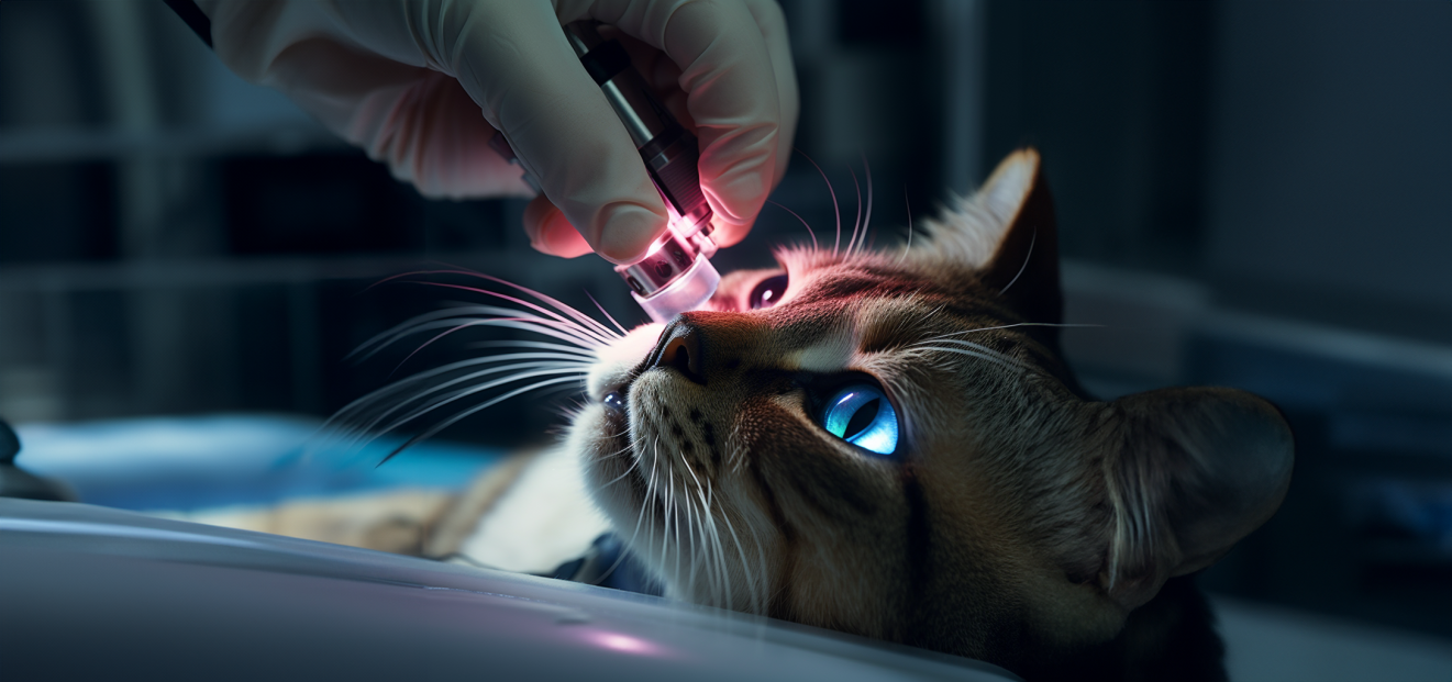 Una mano che tiene una luce brillante sopra il muso di un gatto in una scena buia e ravvicinata.