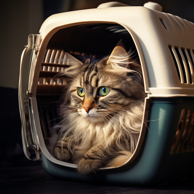 Un soffice gatto tigrato seduto in un trasportino beige aperto, con aria attenta.