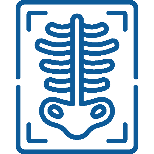 Icona medica blu raffigurante una colonna vertebrale e delle costole all'interno di una cornice quadrata con angoli arrotondati.