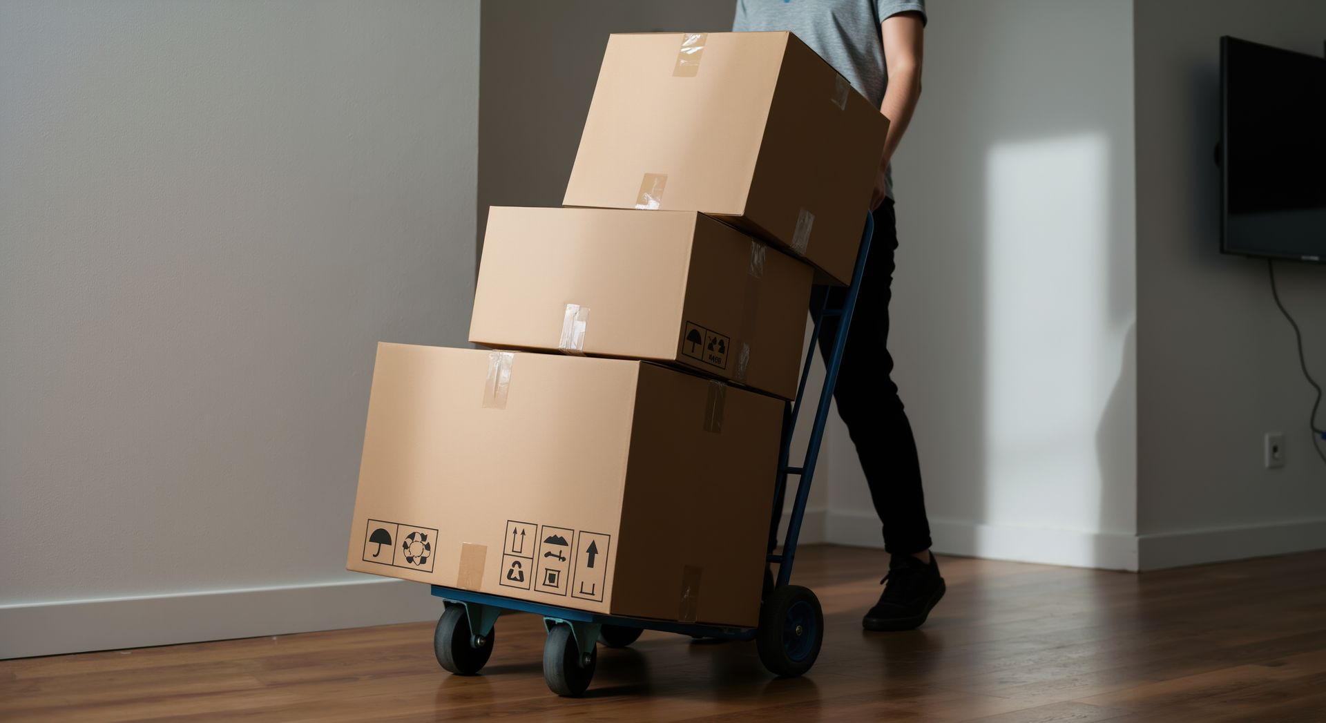 Professional office movers utilizing a heavy-duty hand truck to transport packed cardboard boxes.