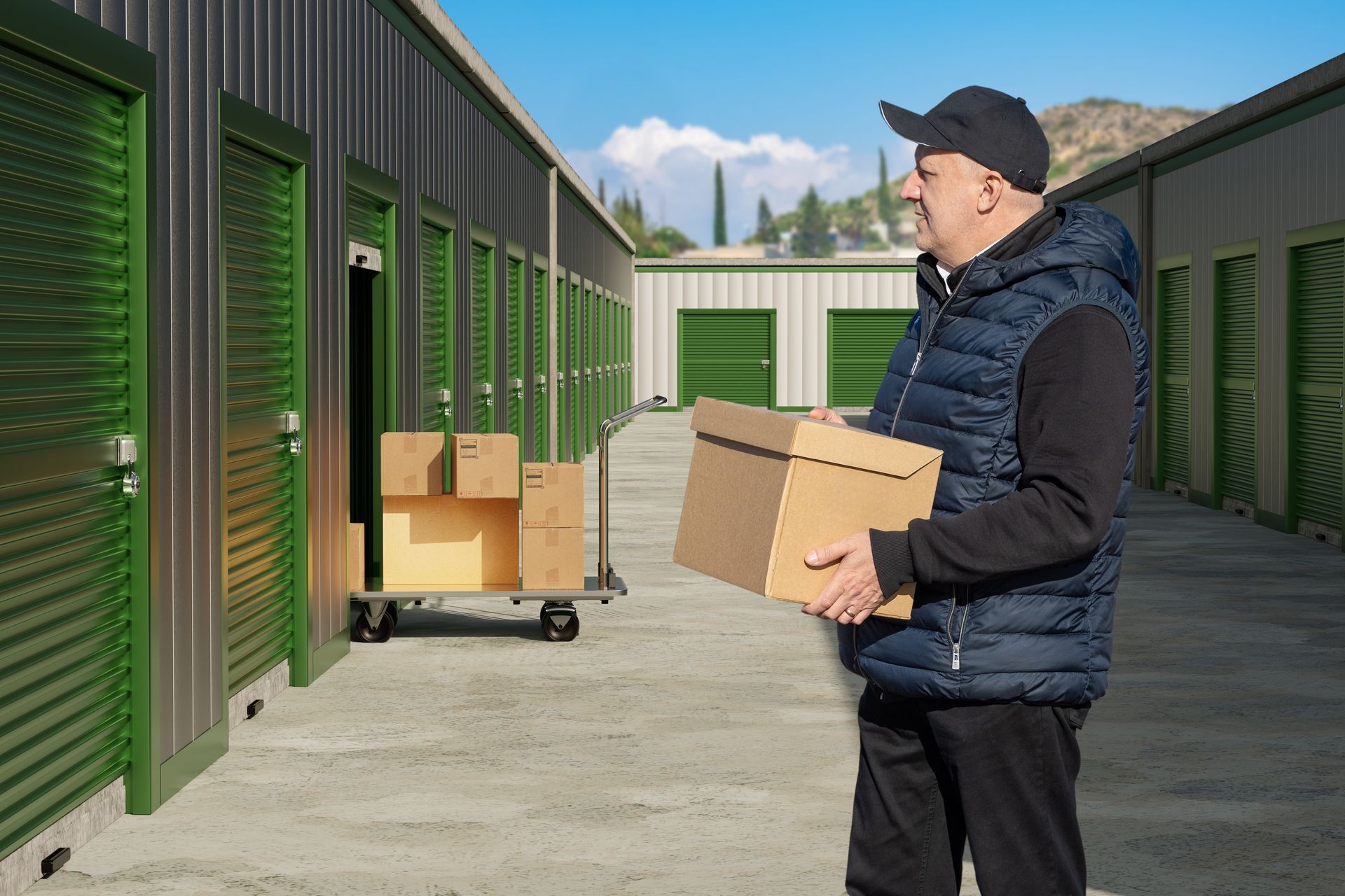 Man holding cardboard boxes in a storage unit corridor with green doors and a dolly nearby