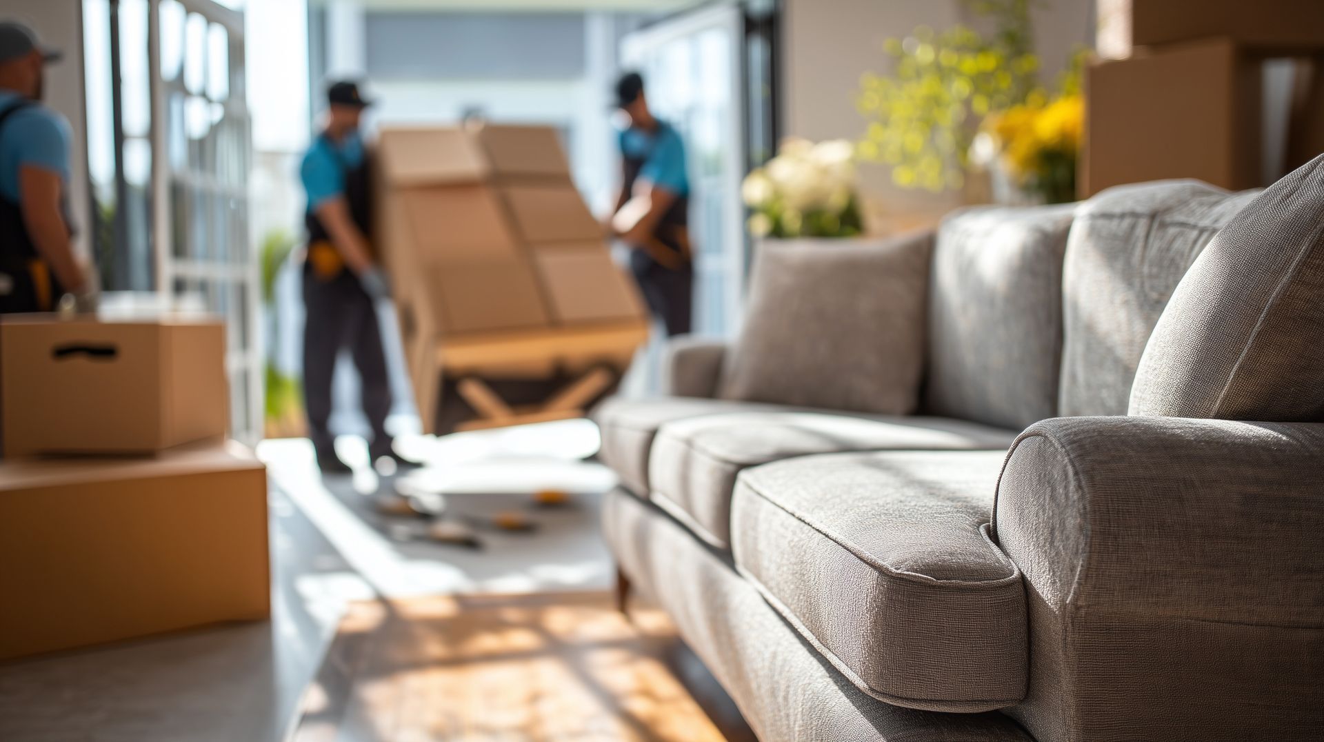 Professional movers carrying cardboard boxes behind a comfortable grey fabric sofa.