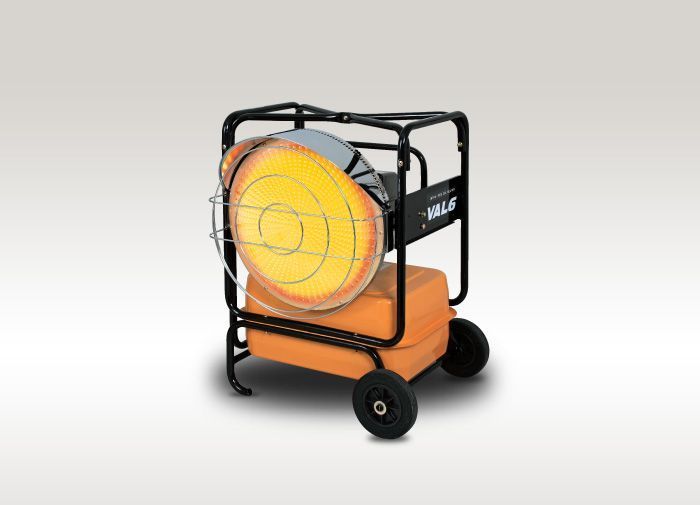 Portable black space heater with orange fan and wheels on a cart