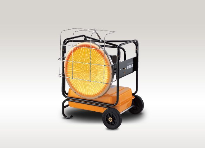 Portable black-and-orange space heater with a circular fan on wheels