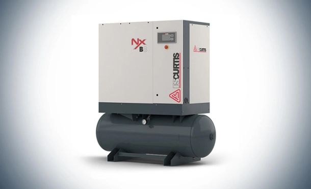 Industrial air compressor unit with beige cabinet and black tank on a white background