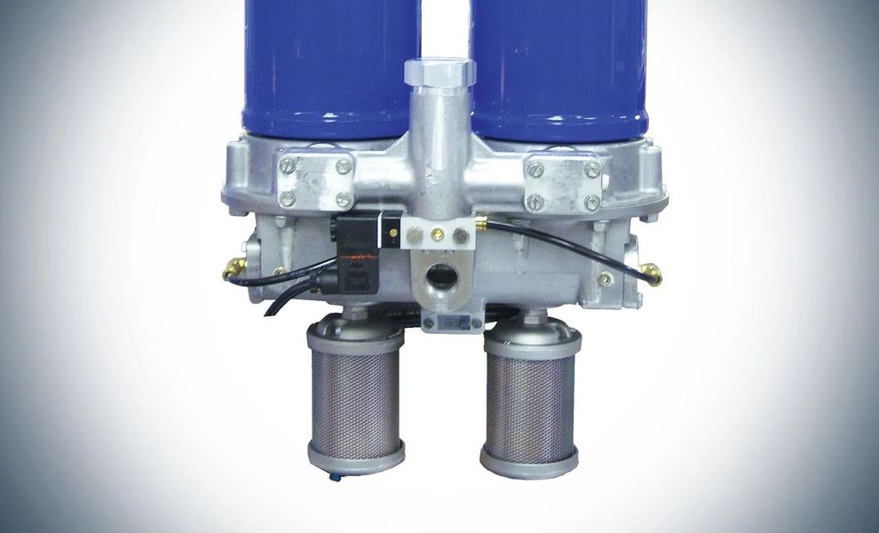 Metal industrial machine with two blue cylinders and twin cylindrical filters on a white background