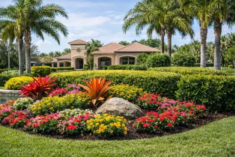 Tropical landscaped garden with colorful flowers and palm trees in front of a large house