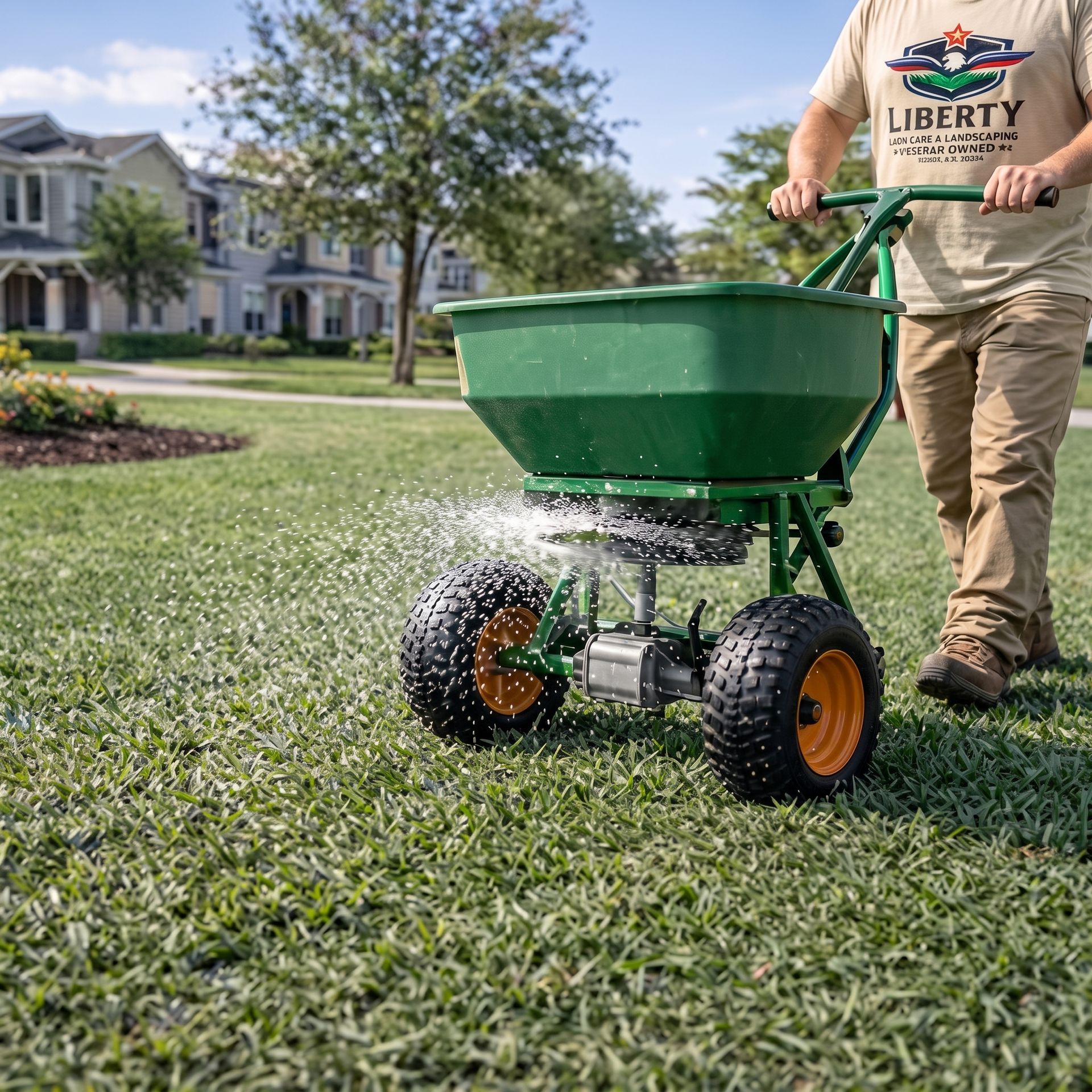 Man spreading fertilizer across a green lawn with a handheld Liberty spreader in a suburban yard