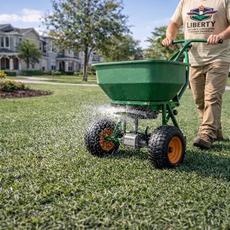 Man spreading fertilizer across a green lawn with a handheld Liberty spreader in a suburban yard
