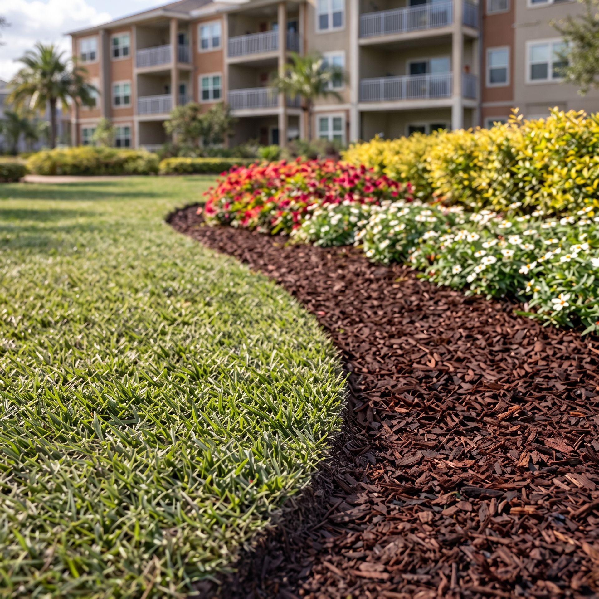 Curved mulch border beside green lawn and colorful flower beds in front of an apartment building