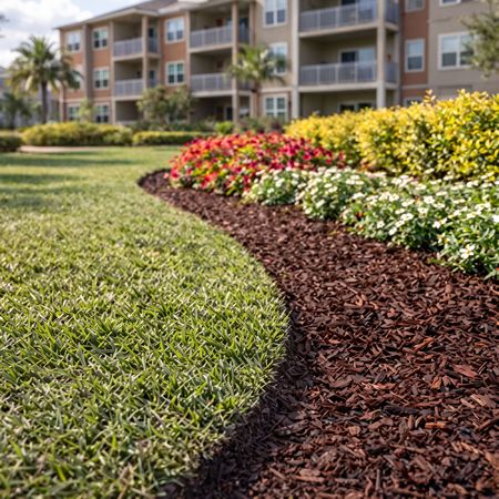 Curved mulch border beside green lawn and colorful flower beds in front of an apartment building