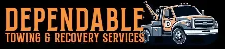 Logo for Dependable Towing & Recovery Services featuring tan block lettering and a grey tow truck on a black background.