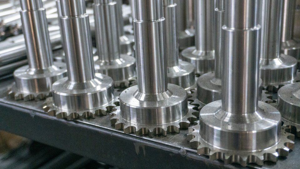 Alberi metallici con basi dentate, ordinatamente disposti su una rastrelliera metallica.