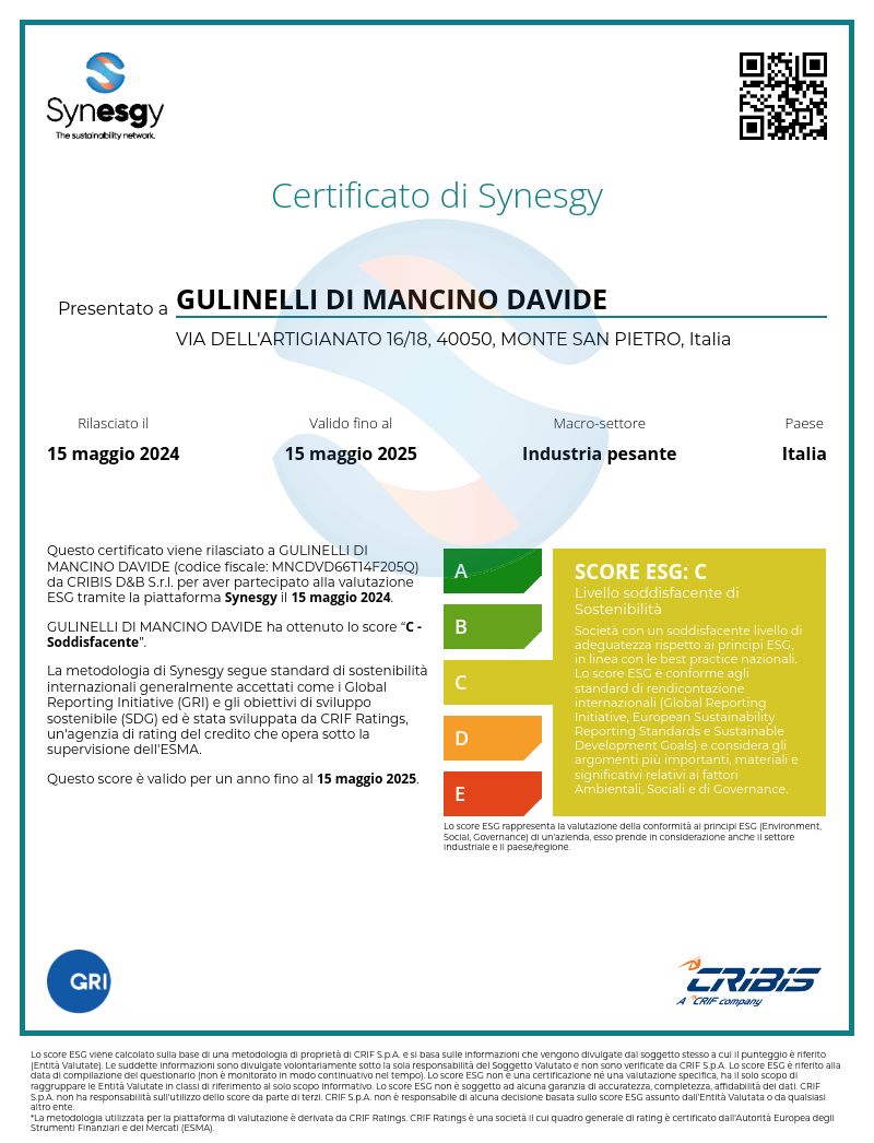 Certificato di Sinergia per GULINELLI DI MANCINO DAVIDE. Include una classe di efficienza energetica C.